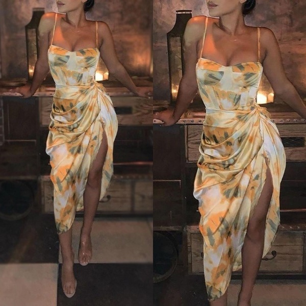 Women Sexy Floral Abstract Print Spaghetti Strap High Slit Ruched Dress