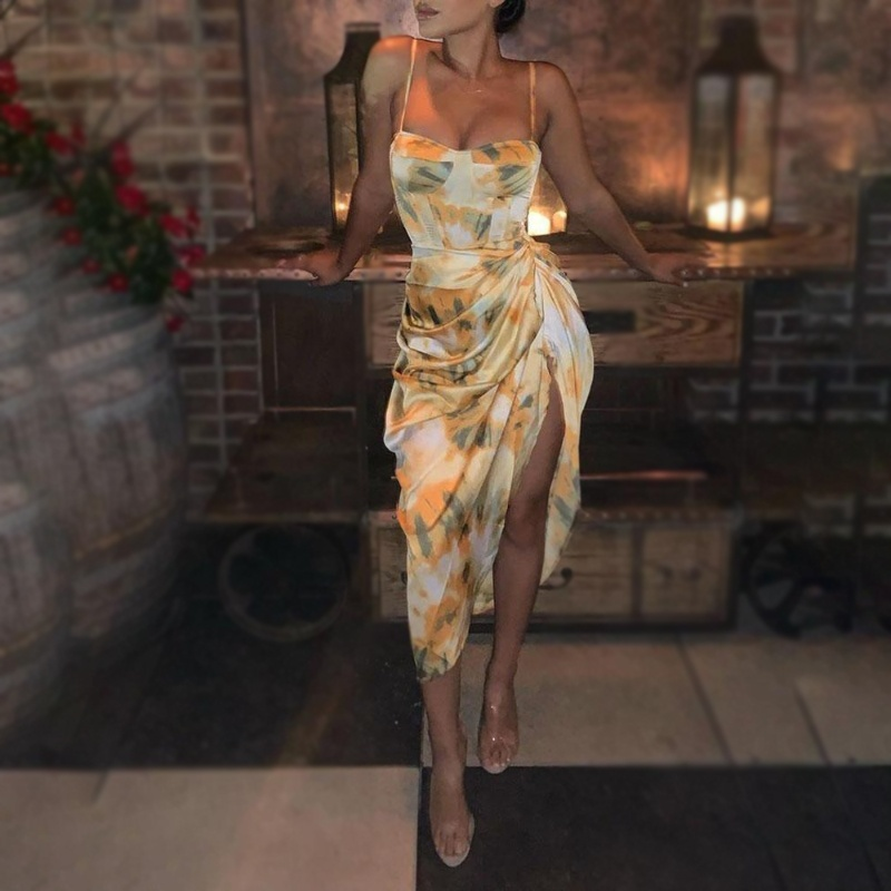 Women Sexy Floral Abstract Print Spaghetti Strap High Slit Ruched Dress