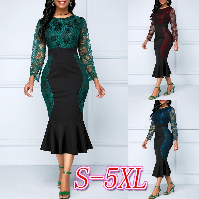 Women&apos;s Clothes Zipper Back Frill Hem Lace Patchwork Dress Dresses