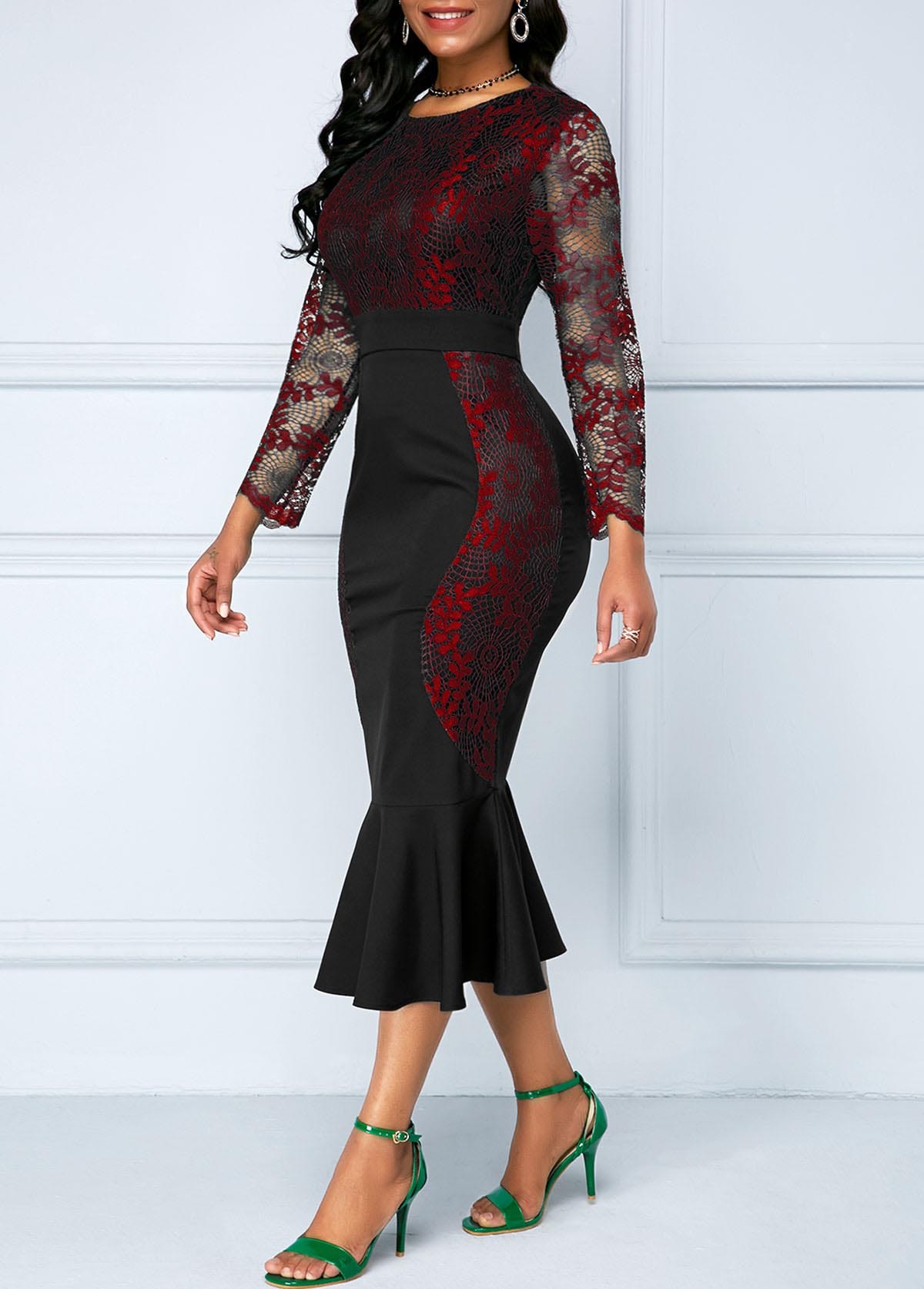 Women&apos;s Clothes Zipper Back Frill Hem Lace Patchwork Dress Dresses