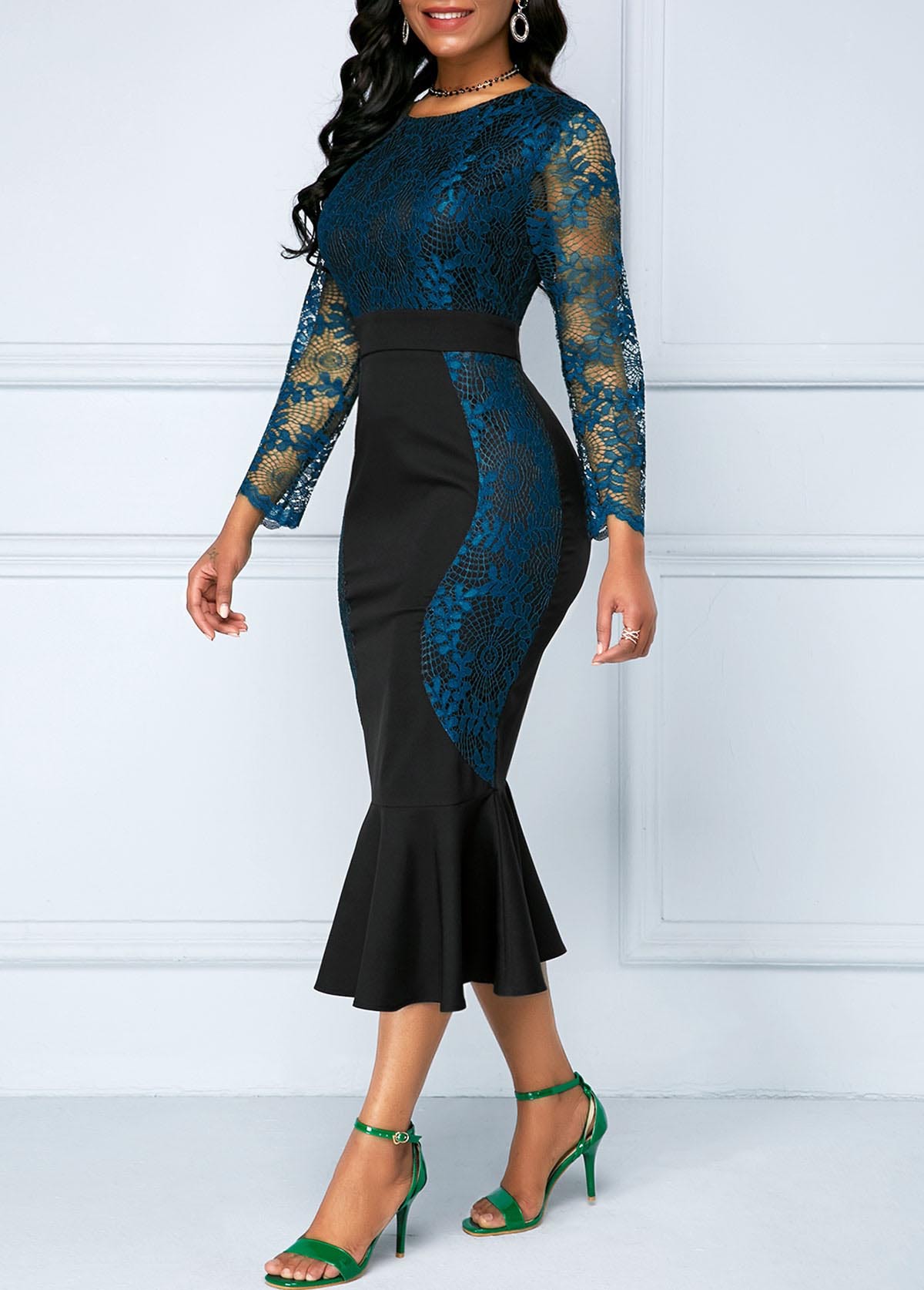 Women&apos;s Clothes Zipper Back Frill Hem Lace Patchwork Dress Dresses