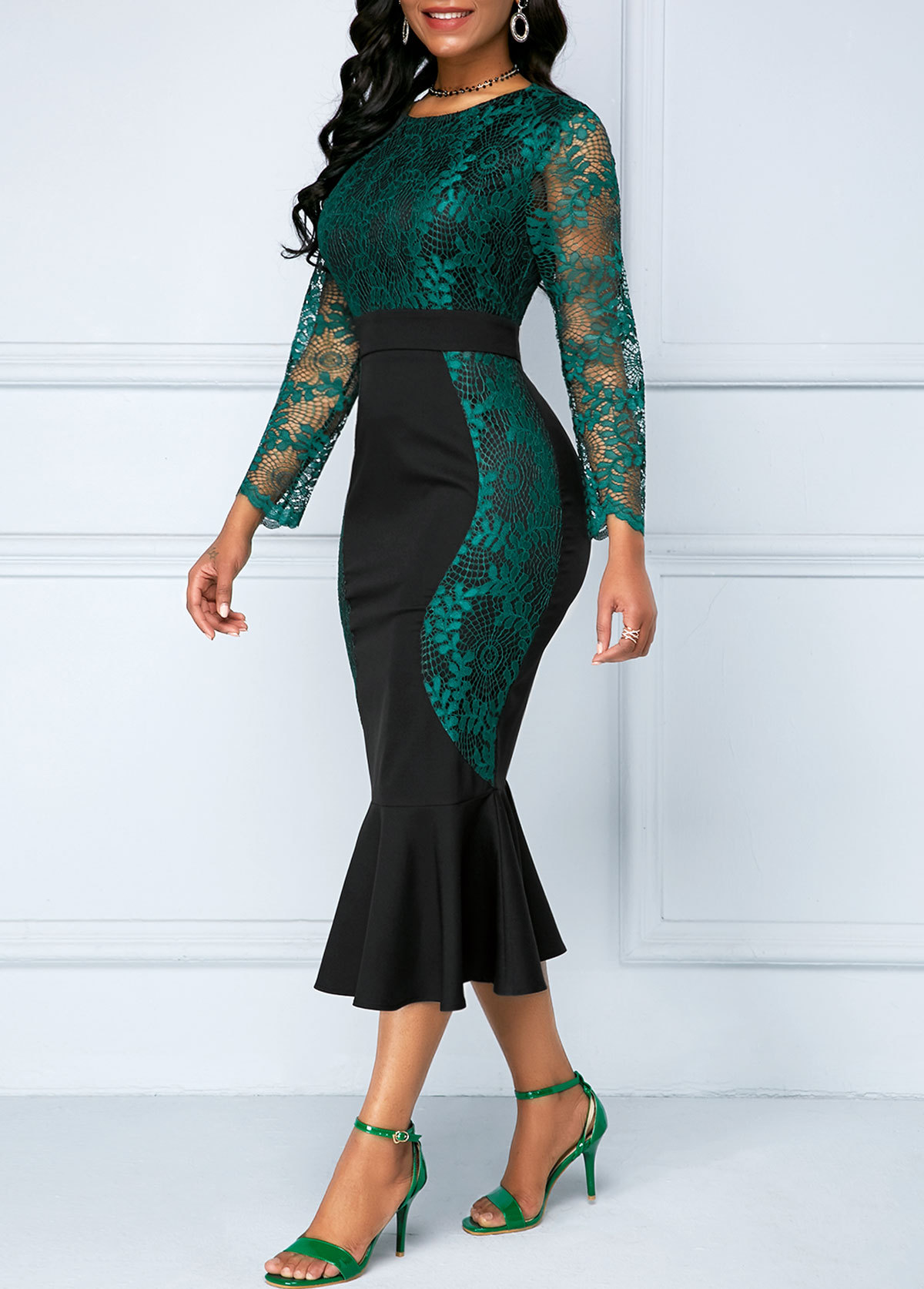 Women&apos;s Clothes Zipper Back Frill Hem Lace Patchwork Dress Dresses