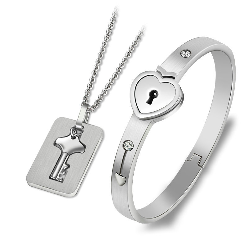 Couple Lovers Jewelry Love Heart Lock Bracelet Stainless Steel  Bangles Key Pendant Necklace