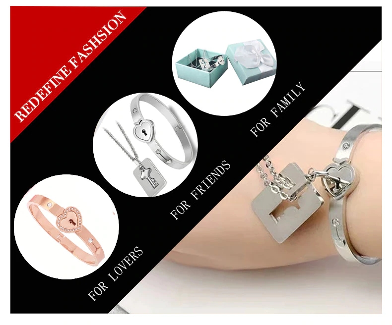 Couple Lovers Jewelry Love Heart Lock Bracelet Stainless Steel  Bangles Key Pendant Necklace