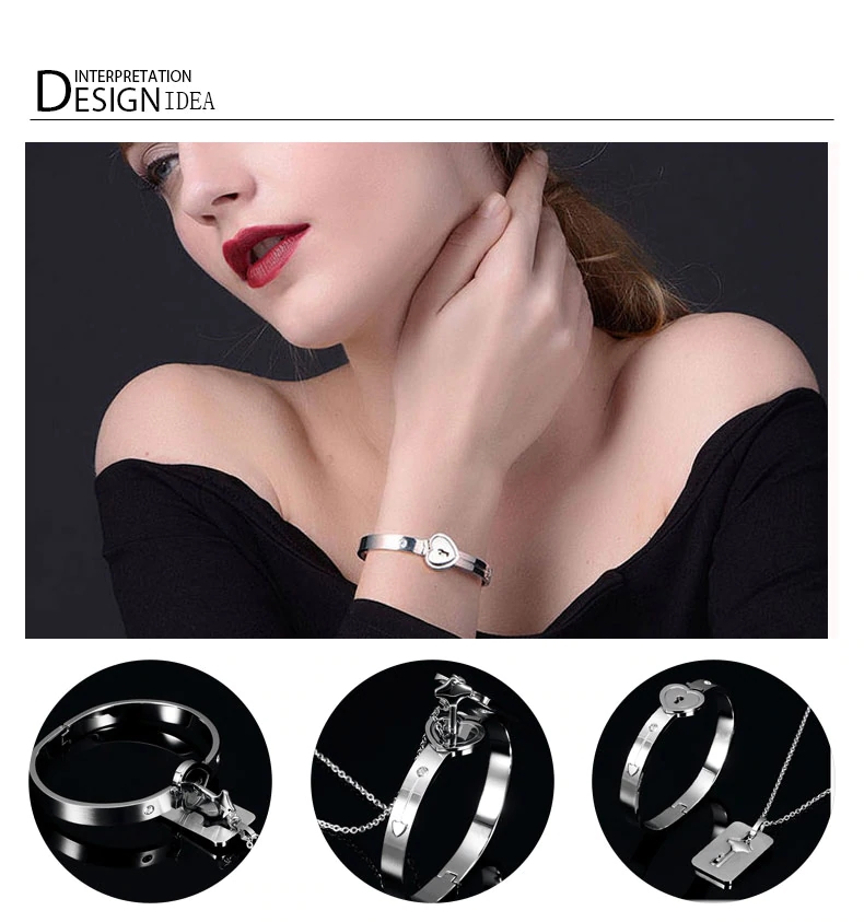 Couple Lovers Jewelry Love Heart Lock Bracelet Stainless Steel  Bangles Key Pendant Necklace