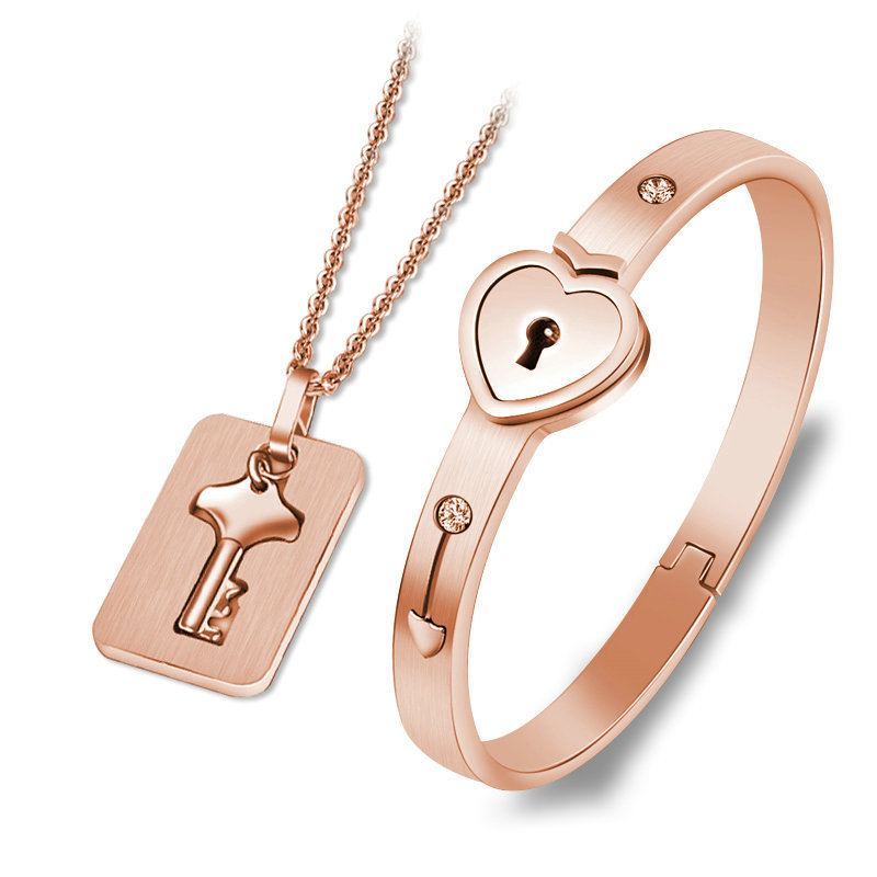 Couple Lovers Jewelry Love Heart Lock Bracelet Stainless Steel  Bangles Key Pendant Necklace