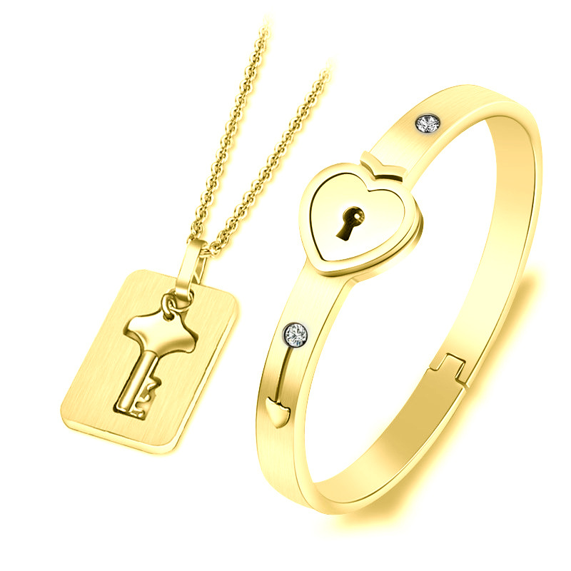 Couple Lovers Jewelry Love Heart Lock Bracelet Stainless Steel  Bangles Key Pendant Necklace
