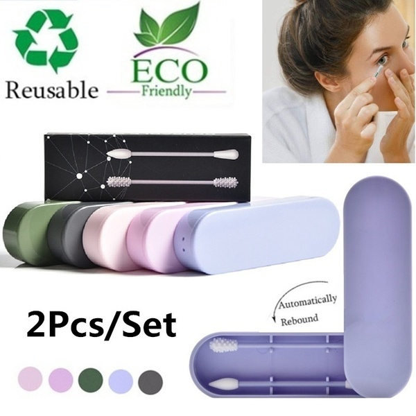 2Pcs Reusable Cotton Swab With Box,2 Styles Silicone Sticks,LastSwab Is Reusable Q-Tip Cotton Swab