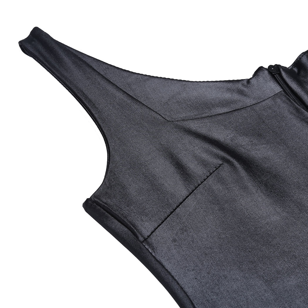Women Sexy U Neck Sleeveless Synthetic Leather Club Split Bodycon Pencil Dress