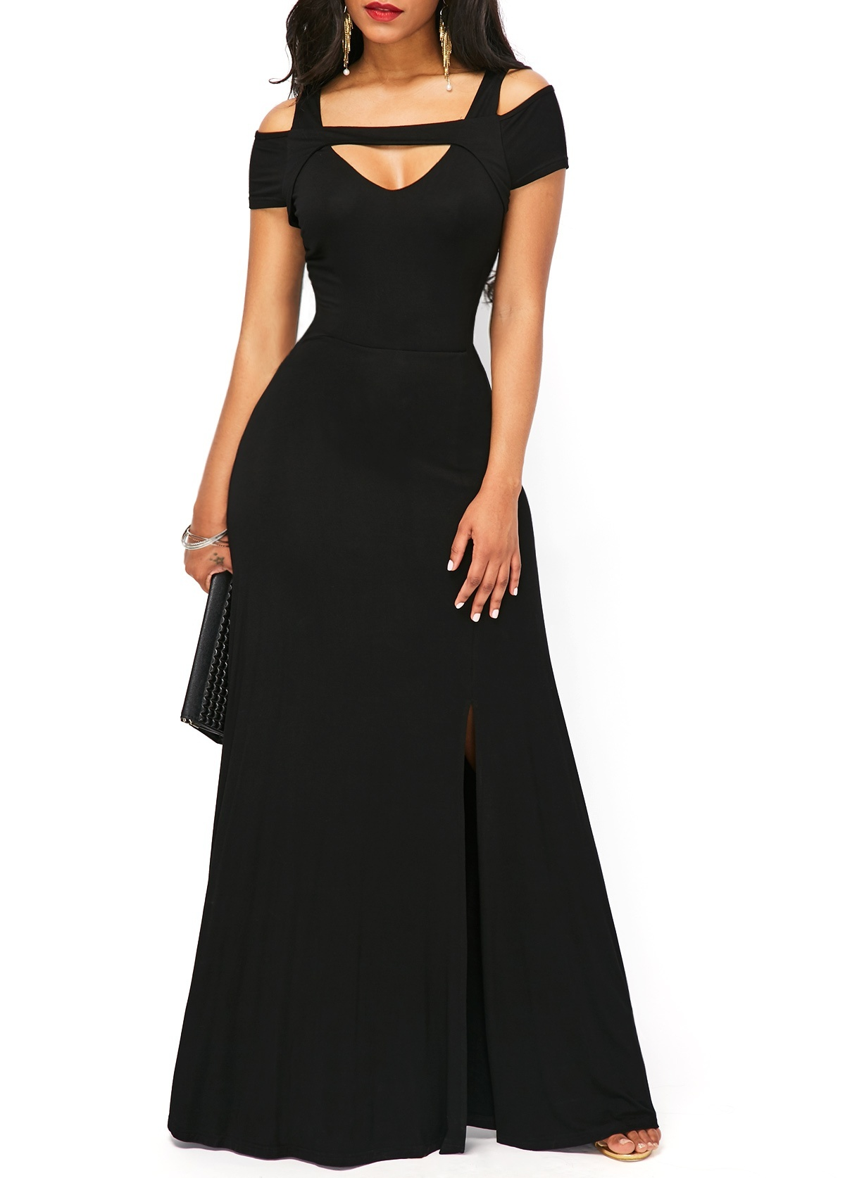 Womens Cold Shoulder V Neck Bodycon Prom Evening Club Maxi Long Dresses