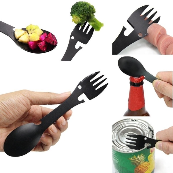 5-in-1 Camping Utensils Cutlery Stainless Steel  Knife Spoon Opener Set - Multifunctional Tool