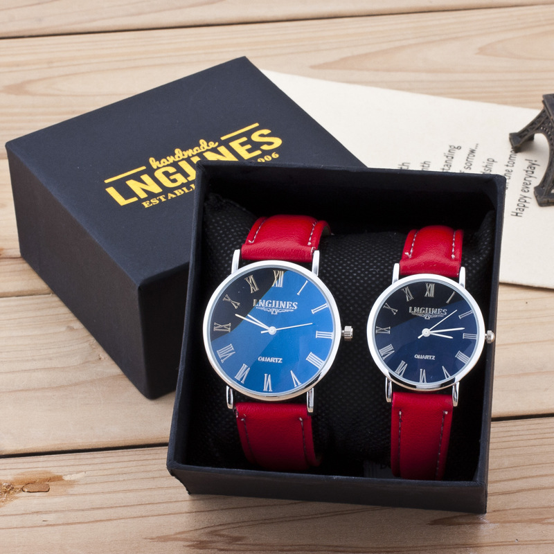 2pcs Couple Watches Pair Men And Women Gloss Glass Leather Fashion Lovers Wristwat