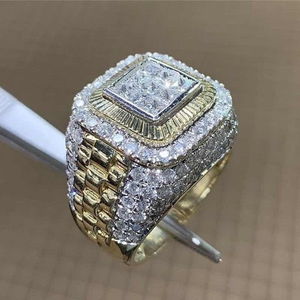 Business Men&apos;s Fashion 18K Gold Natural White Sapphire Diamond Jewelry Boyfriend Gift Ring