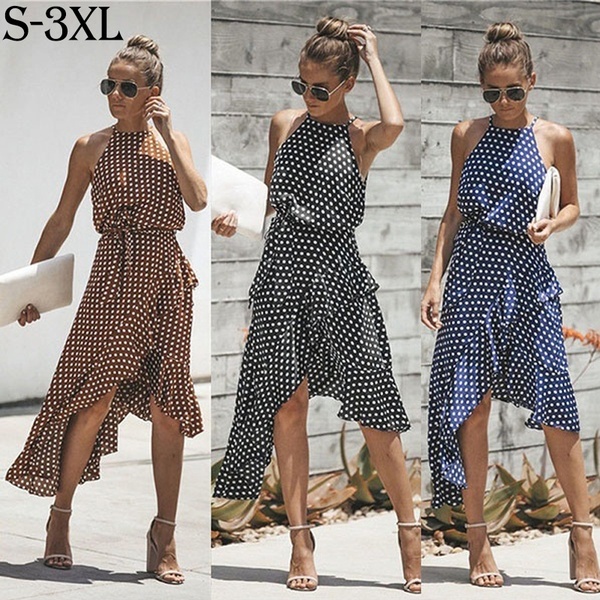 Women Boho Maxi Polka Dot Dress Cocktail Party Evening Beach Sundress