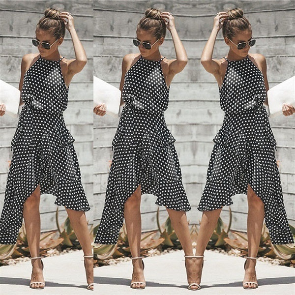 Women Boho Maxi Polka Dot Dress Cocktail Party Evening Beach Sundress