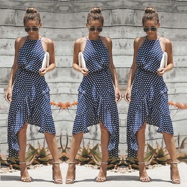 Women Boho Maxi Polka Dot Dress Cocktail Party Evening Beach Sundress