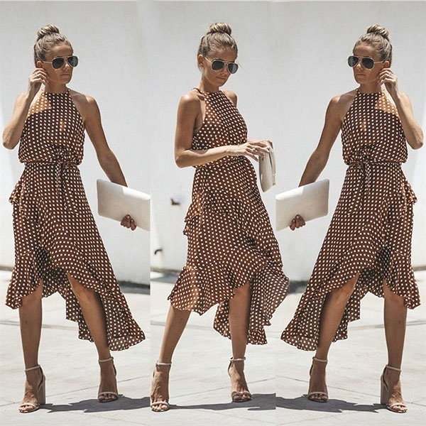 Women Boho Maxi Polka Dot Dress Cocktail Party Evening Beach Sundress
