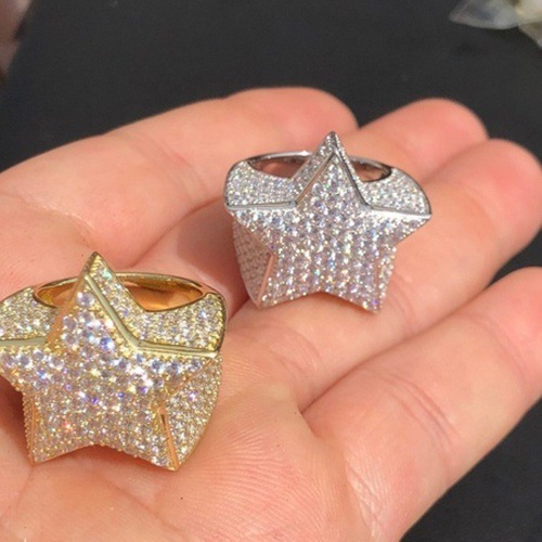 Hip Hop Five Star Rings Men&apos;s Gold Silver Color Iced Out Cubic Zircon Jewelry Ring Gifts