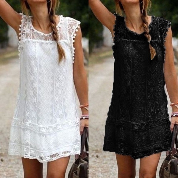 Summer Dress Sexy Women Casual Sleeveless Beach Short Dress Tassel Solid White Mini Lace Dress