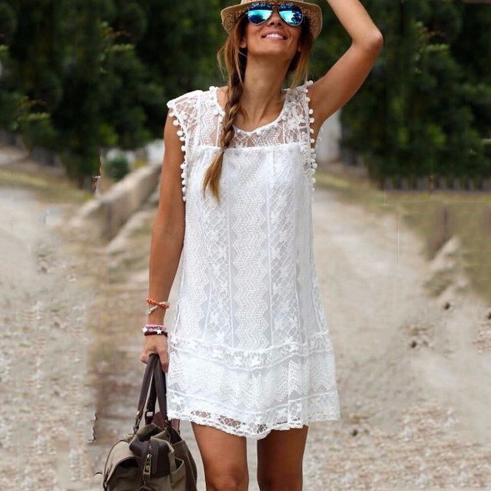 Summer Dress Sexy Women Casual Sleeveless Beach Short Dress Tassel Solid White Mini Lace Dress