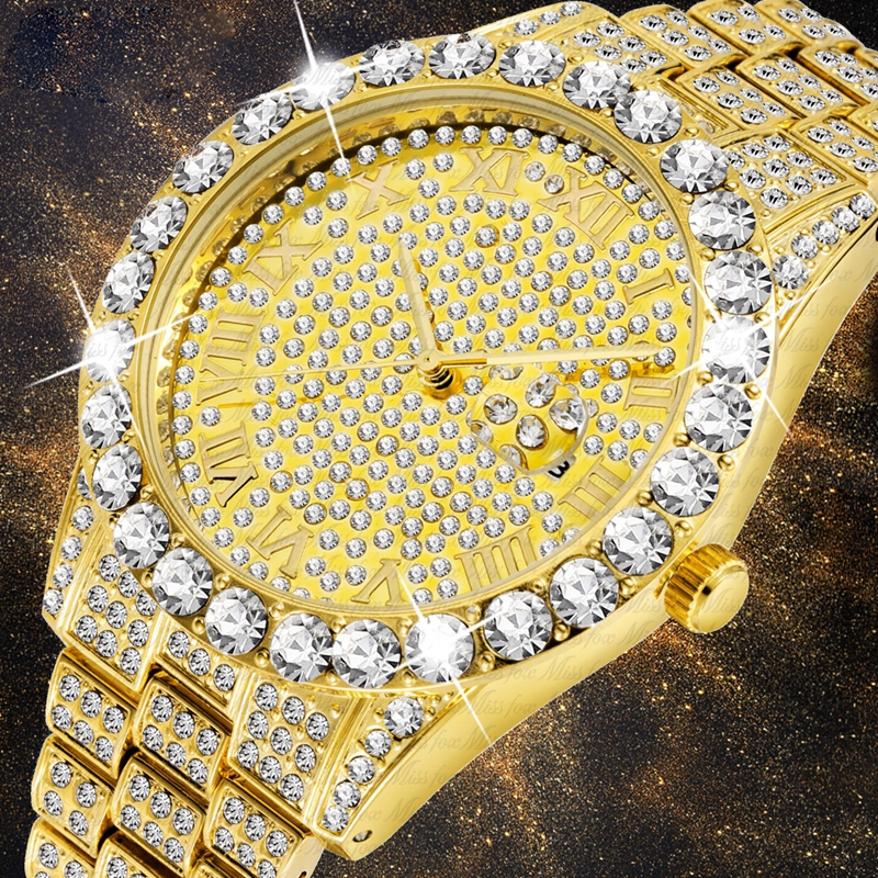 Men's Watch  Luxury Brand Gold Men Fashion Watches Men Big Diamond Bracelet Luxury Watch
