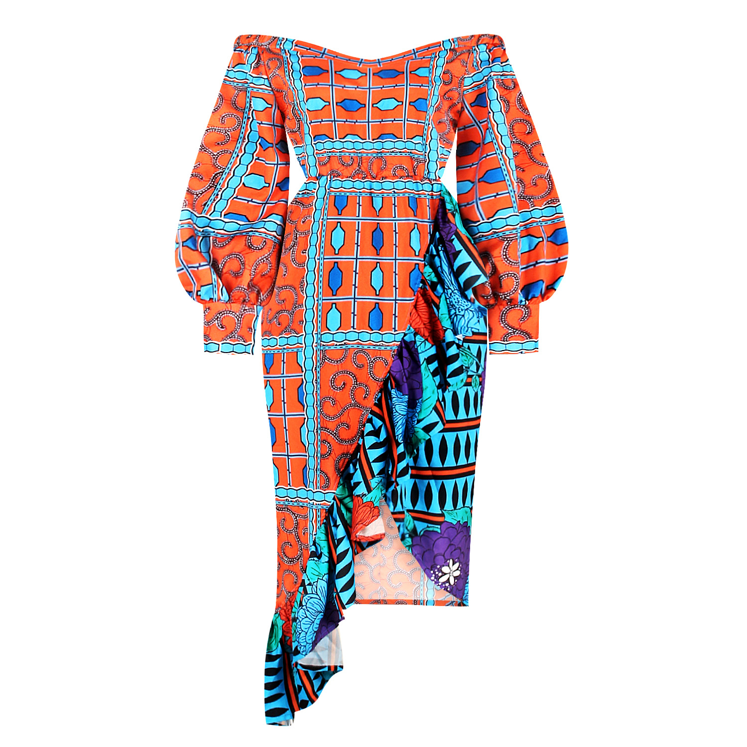 Spring New Women's Fashion Elegant Solid Color Round Neck Lantern Sleeves Long Dress