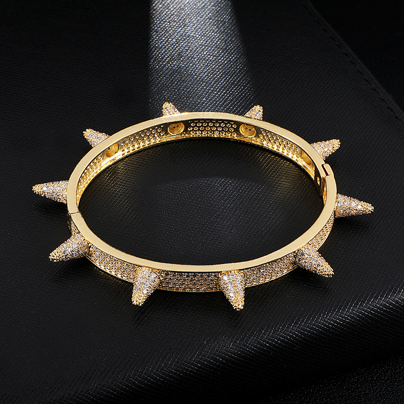 Hip Hop Men's Iced Out Cubic Zircon Personality Micro Paved Bling CZ Rivet Bangle Bracelet  Jewelry