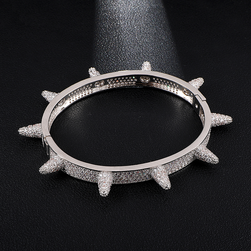 Hip Hop Men's Iced Out Cubic Zircon Personality Micro Paved Bling CZ Rivet Bangle Bracelet  Jewelry