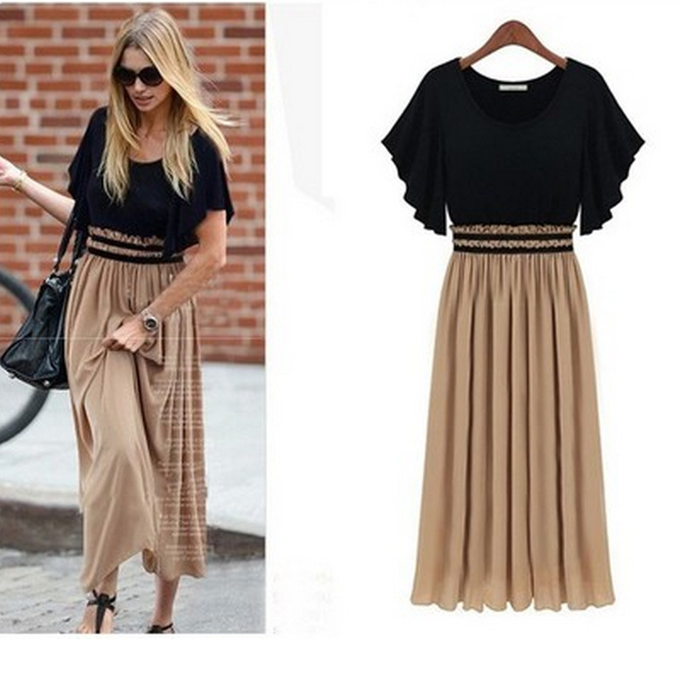 European Big Yards Ladies Waist Thin Chiffon Dress Pleated Sskirt Women's Round Neck Pullover