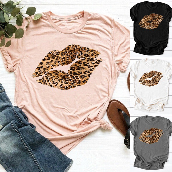 Women's Fashion Vintage Leopard Lips Printed Crewneck Short Sleeve T Shirt Summer Tops