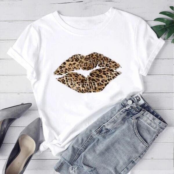 Women's Fashion Vintage Leopard Lips Printed Crewneck Short Sleeve T Shirt Summer Tops