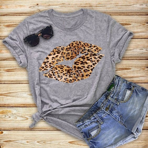Women's Fashion Vintage Leopard Lips Printed Crewneck Short Sleeve T Shirt Summer Tops