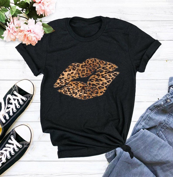 Women's Fashion Vintage Leopard Lips Printed Crewneck Short Sleeve T Shirt Summer Tops