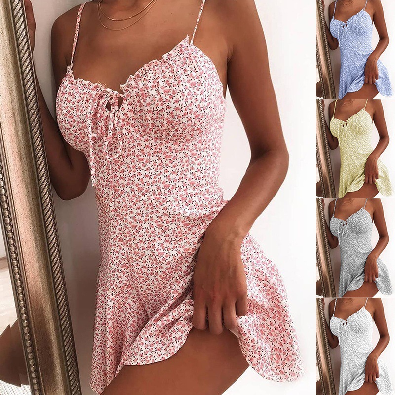 Women&apos;s Summer Fashion Spaghetti Strap Floral Print Tie Front Mini Dress Sexy Dress