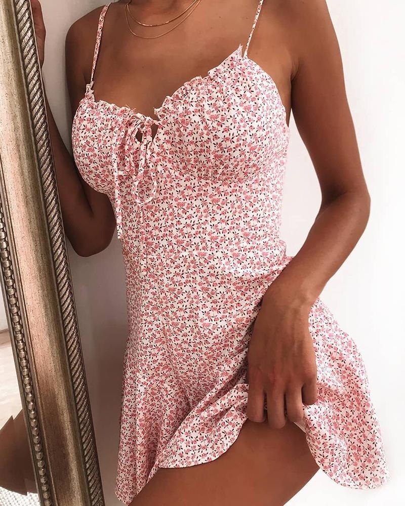 Women&apos;s Summer Fashion Spaghetti Strap Floral Print Tie Front Mini Dress Sexy Dress
