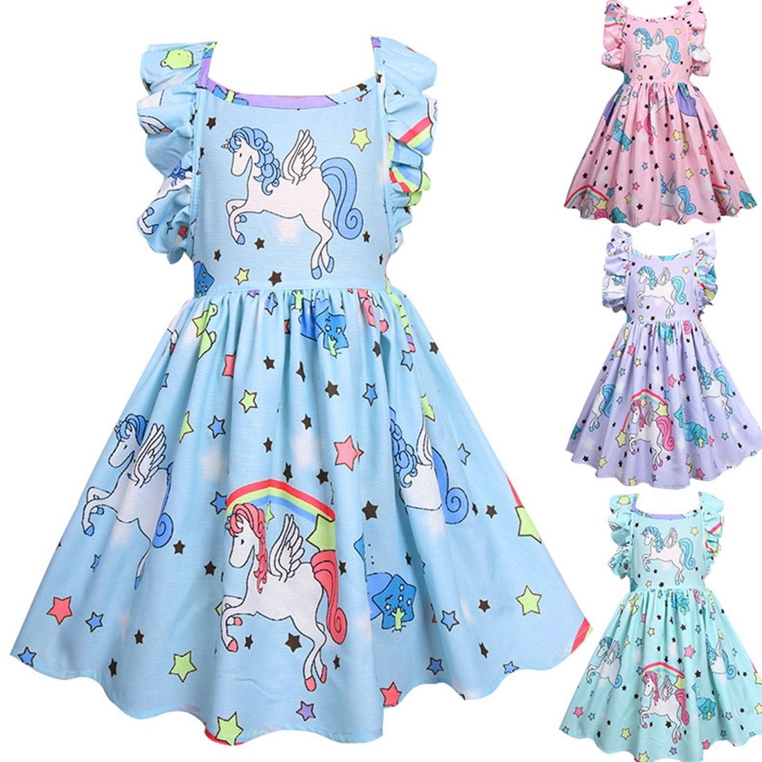 Kids Dress Girls Loose Dress Unicorn Sleeveless Party Children&apos;s Ruffle Skirt for 3-10 Years Old