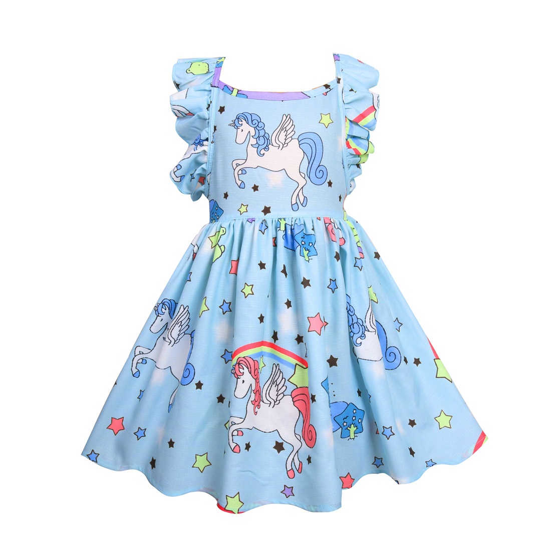 Kids Dress Girls Loose Dress Unicorn Sleeveless Party Children&apos;s Ruffle Skirt for 3-10 Years Old
