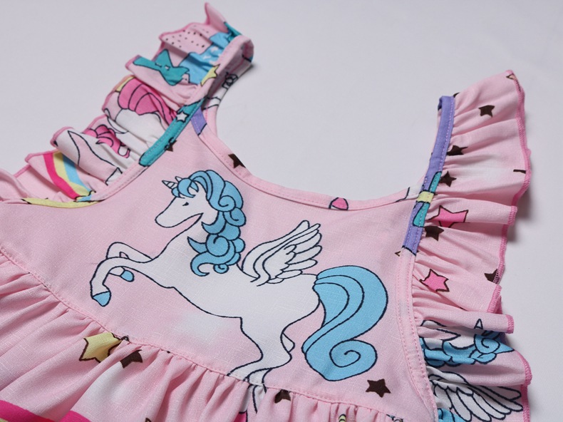 Kids Dress Girls Loose Dress Unicorn Sleeveless Party Children&apos;s Ruffle Skirt for 3-10 Years Old