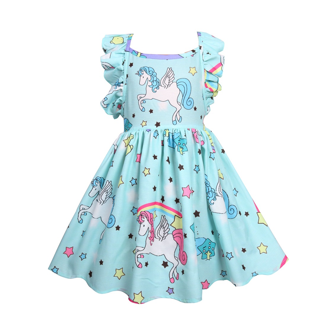 Kids Dress Girls Loose Dress Unicorn Sleeveless Party Children&apos;s Ruffle Skirt for 3-10 Years Old