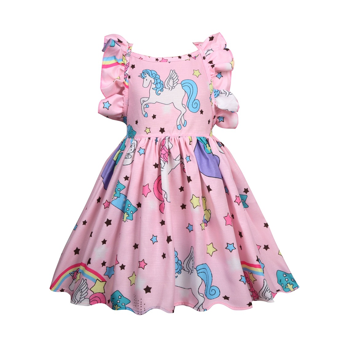 Kids Dress Girls Loose Dress Unicorn Sleeveless Party Children&apos;s Ruffle Skirt for 3-10 Years Old