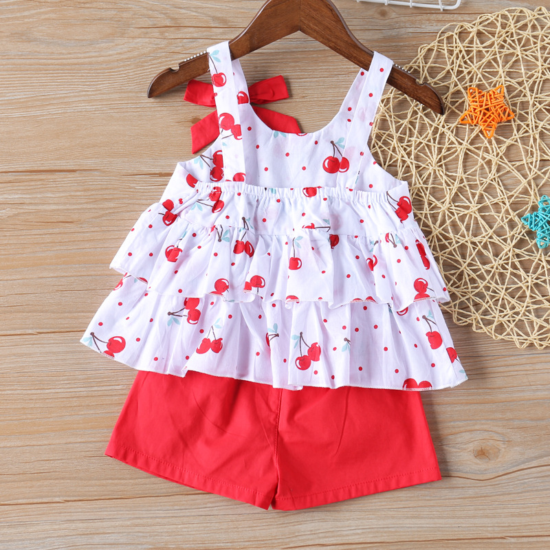 2 Colors Baby Toddler Polka Dots Strappy Top Solid Shorts Set Summer Girls Chiffon Casual Suit Set