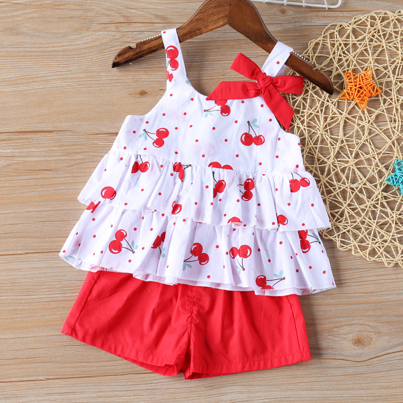 2 Colors Baby Toddler Polka Dots Strappy Top Solid Shorts Set Summer Girls Chiffon Casual Suit Set