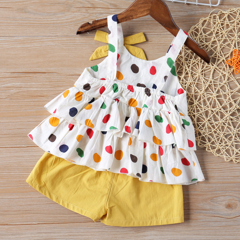 2 Colors Baby Toddler Polka Dots Strappy Top Solid Shorts Set Summer Girls Chiffon Casual Suit Set