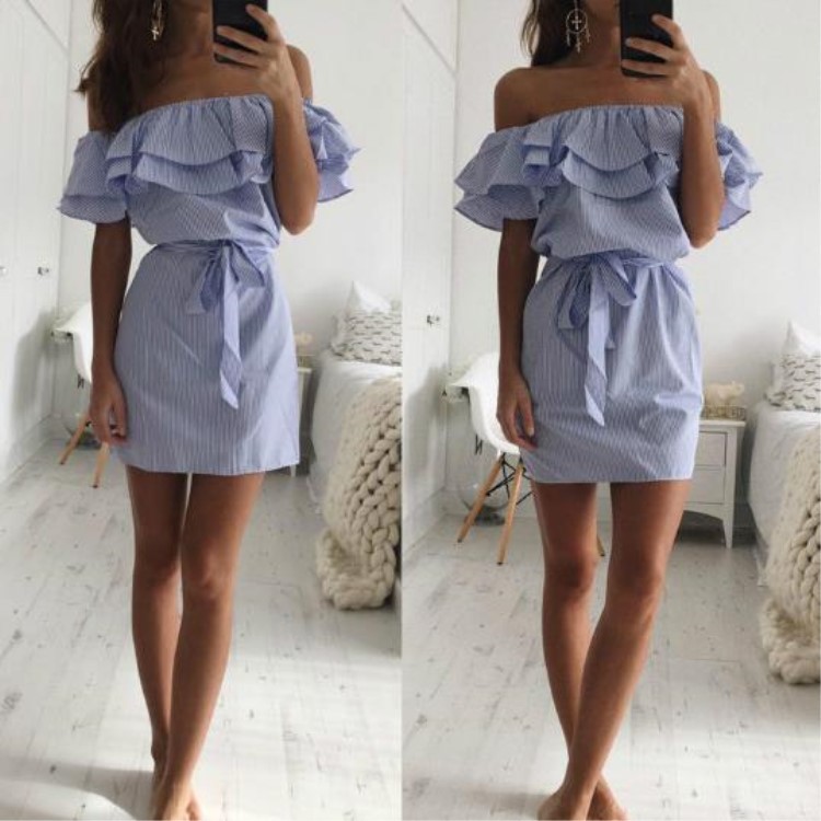 Off Shoulder Strapless Striped Ruffles Dress Sundresses Beach Casual Shirt Short Mini Party Dresses