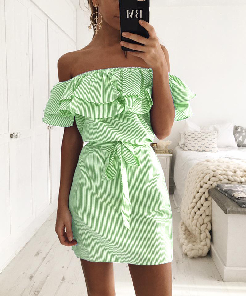 Off Shoulder Strapless Striped Ruffles Dress Sundresses Beach Casual Shirt Short Mini Party Dresses