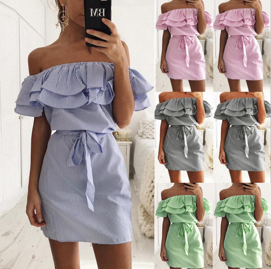 Off Shoulder Strapless Striped Ruffles Dress Sundresses Beach Casual Shirt Short Mini Party Dresses