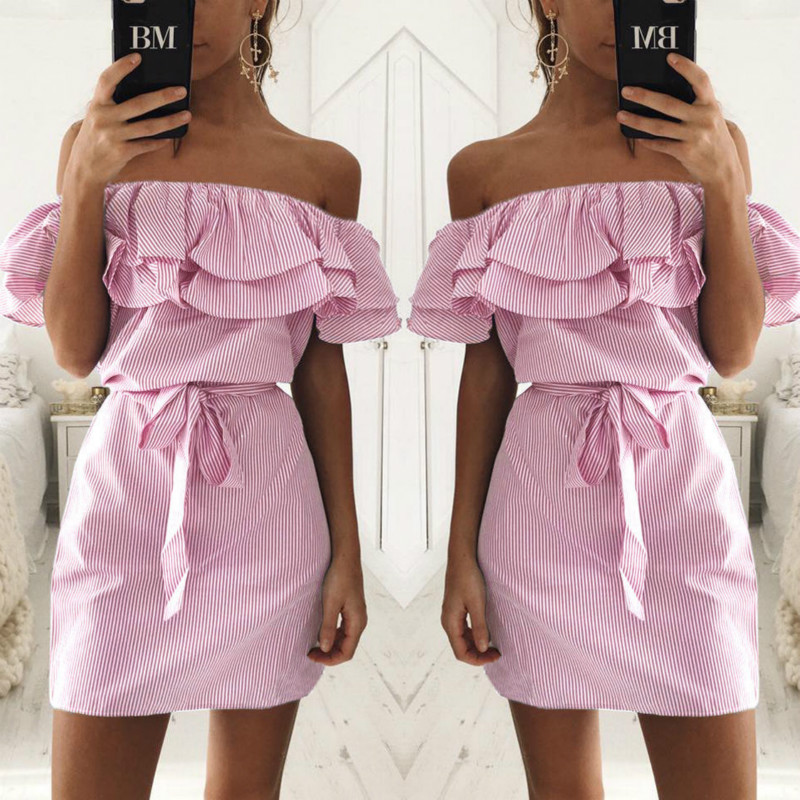Off Shoulder Strapless Striped Ruffles Dress Sundresses Beach Casual Shirt Short Mini Party Dresses