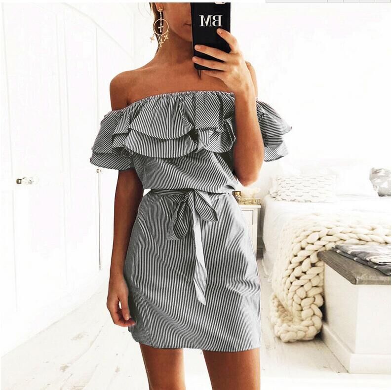 Off Shoulder Strapless Striped Ruffles Dress Sundresses Beach Casual Shirt Short Mini Party Dresses