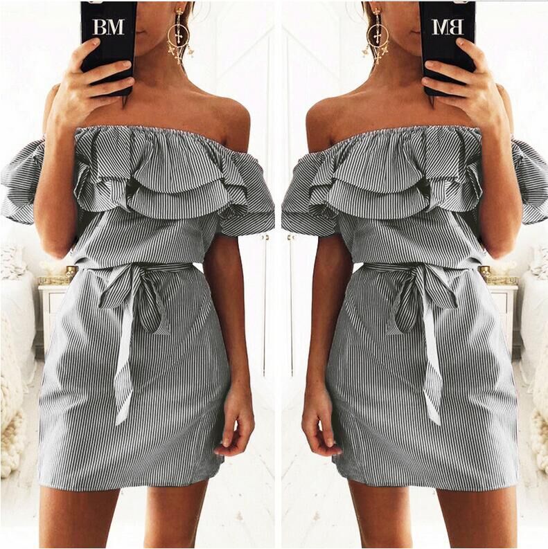 Off Shoulder Strapless Striped Ruffles Dress Sundresses Beach Casual Shirt Short Mini Party Dresses