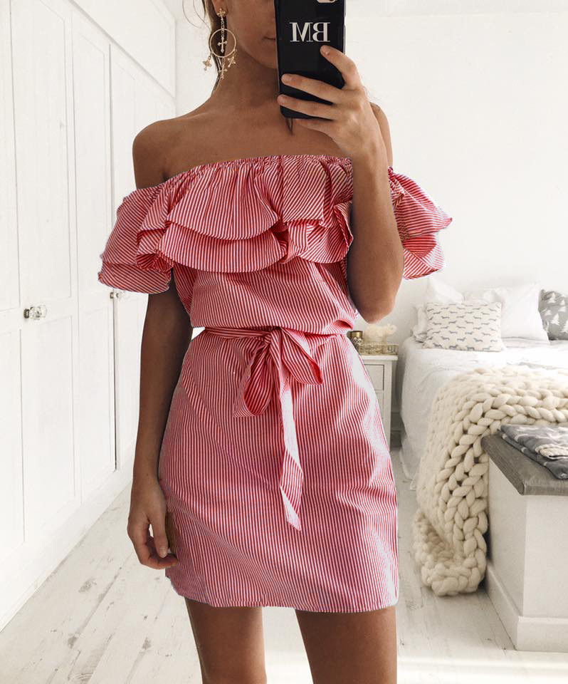 Off Shoulder Strapless Striped Ruffles Dress Sundresses Beach Casual Shirt Short Mini Party Dresses